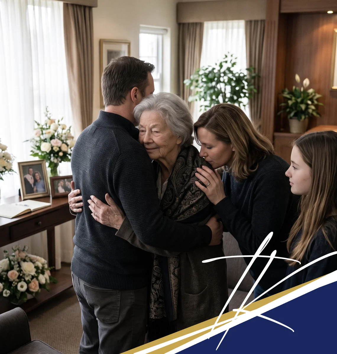 Family embracing their grandmother, comforted by a funeral planned in advance
