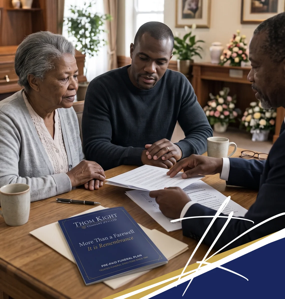 Family discussing a pre-paid funeral plan with a Thom Kight funeral director